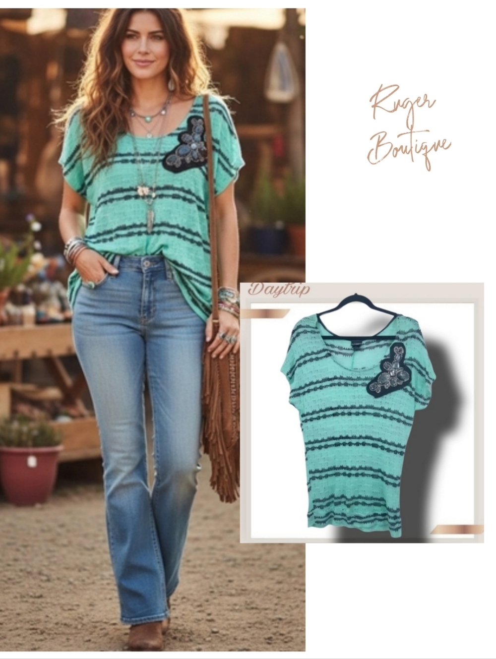 🌿Daytrip Women's Small Teal and Black Top With Gorgeous Jeweled Embellishments